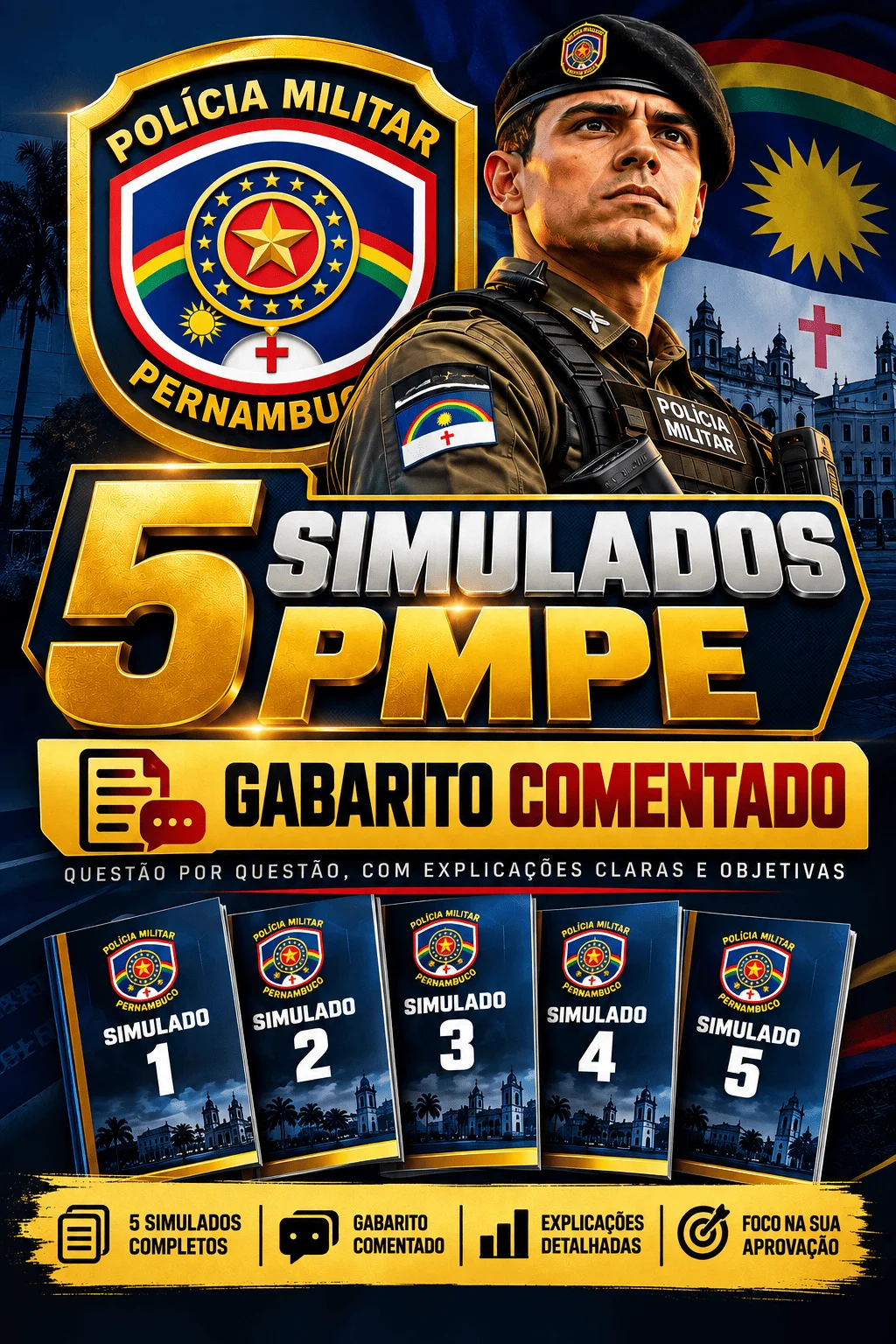 Capa do pacote com 5 simulados PMPE e gabarito comentado