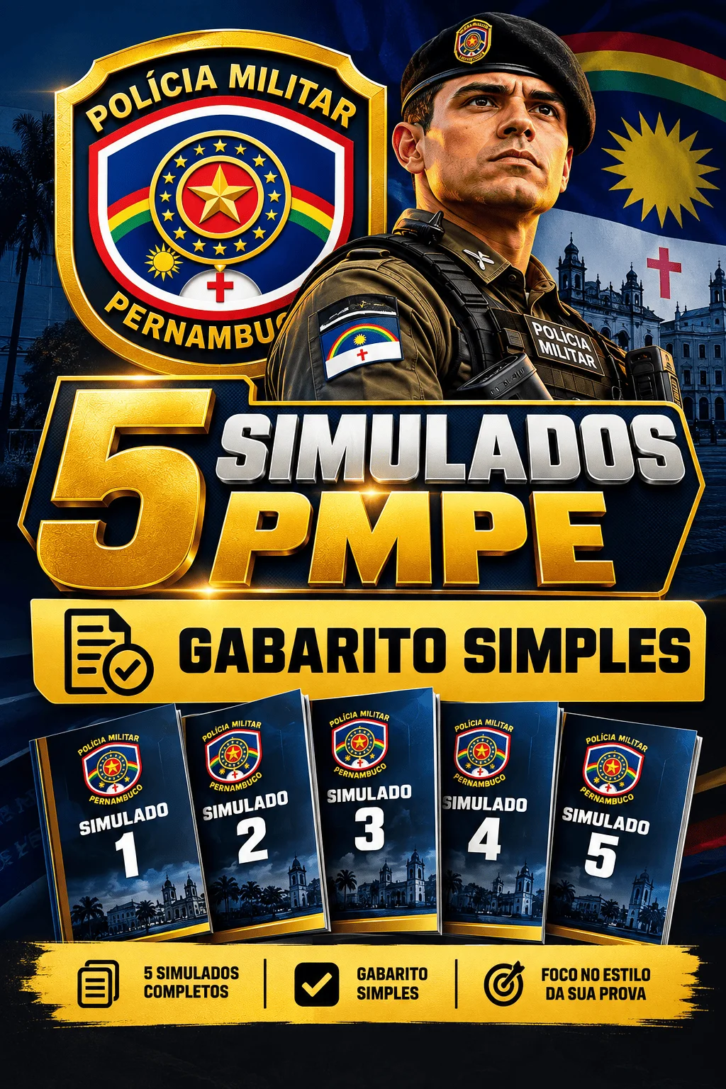 Capa do pacote com 5 simulados PMPE e gabarito simples