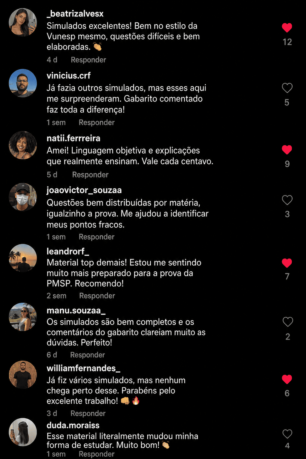 Print de depoimento de aluno sobre os simulados e materiais de revisão
