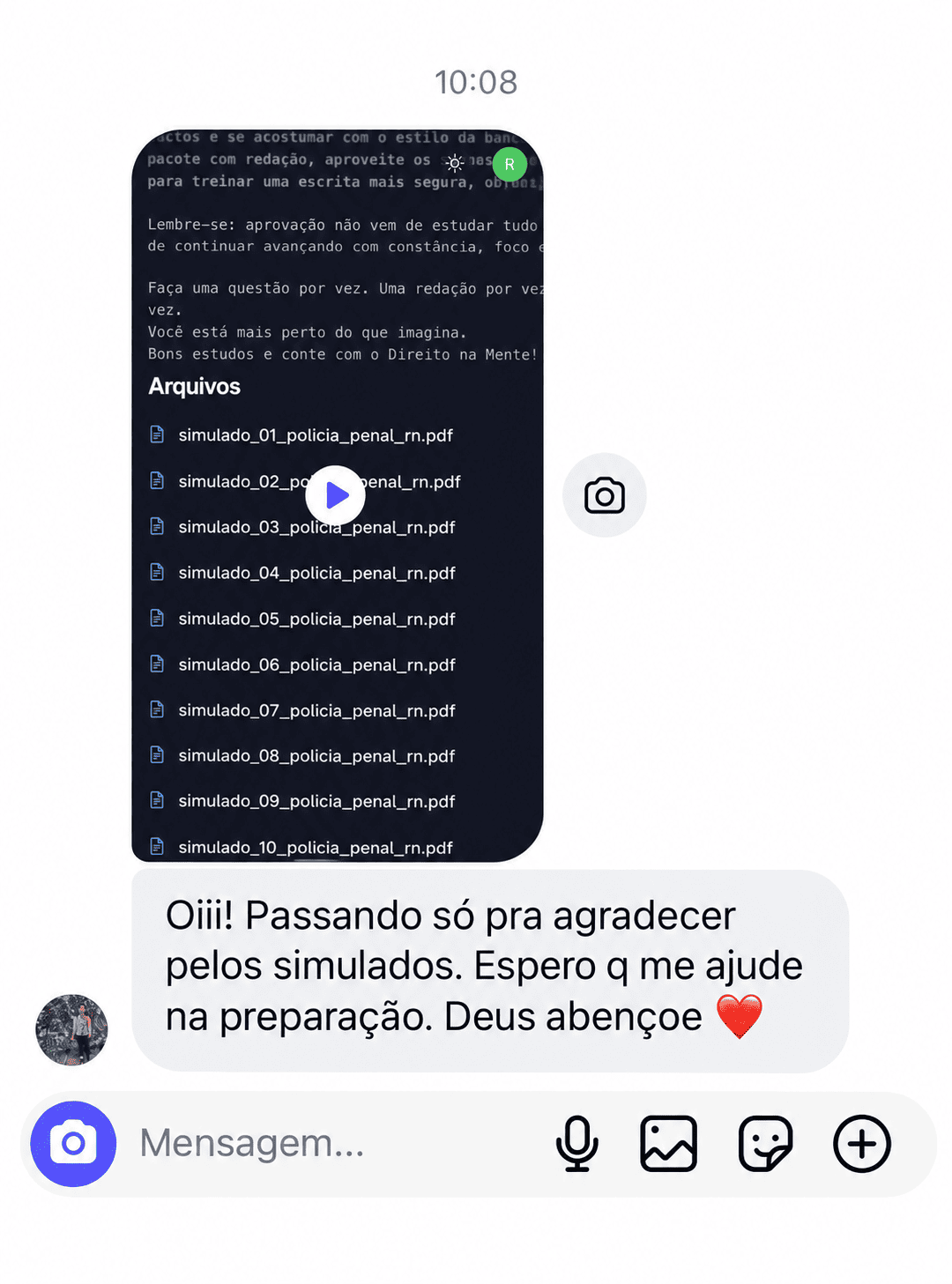 Print de depoimento de aluno sobre os simulados e materiais de revisão